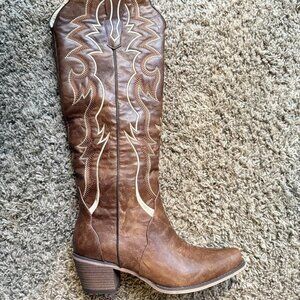 🆕Women Matte Brown Faux Leather Cowgirl  Knee High Chunky Heel Pointed Toe Boot